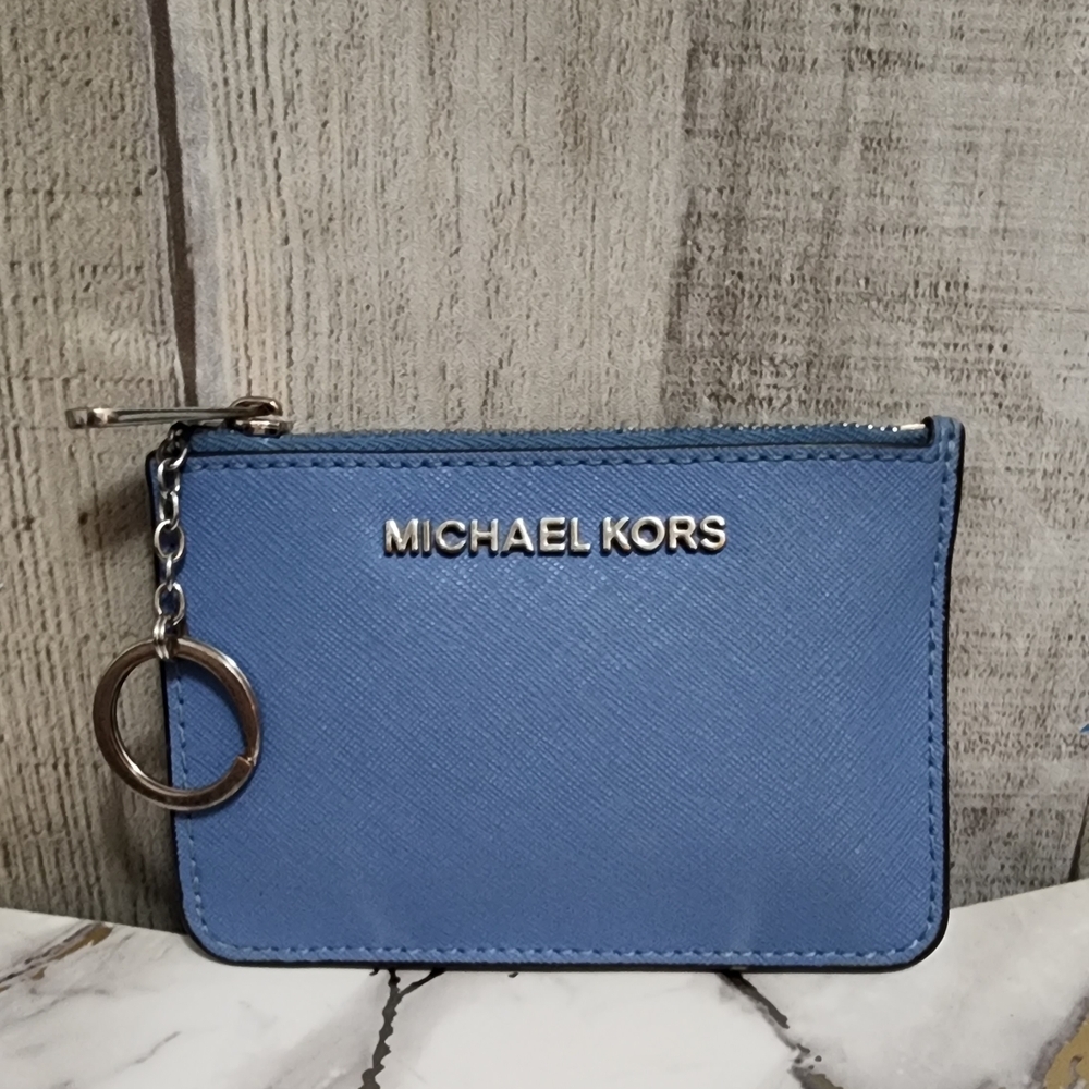 🌷MICHAEL KORS Blue Saffiano Leather Zip Card Case Key Ring🌷